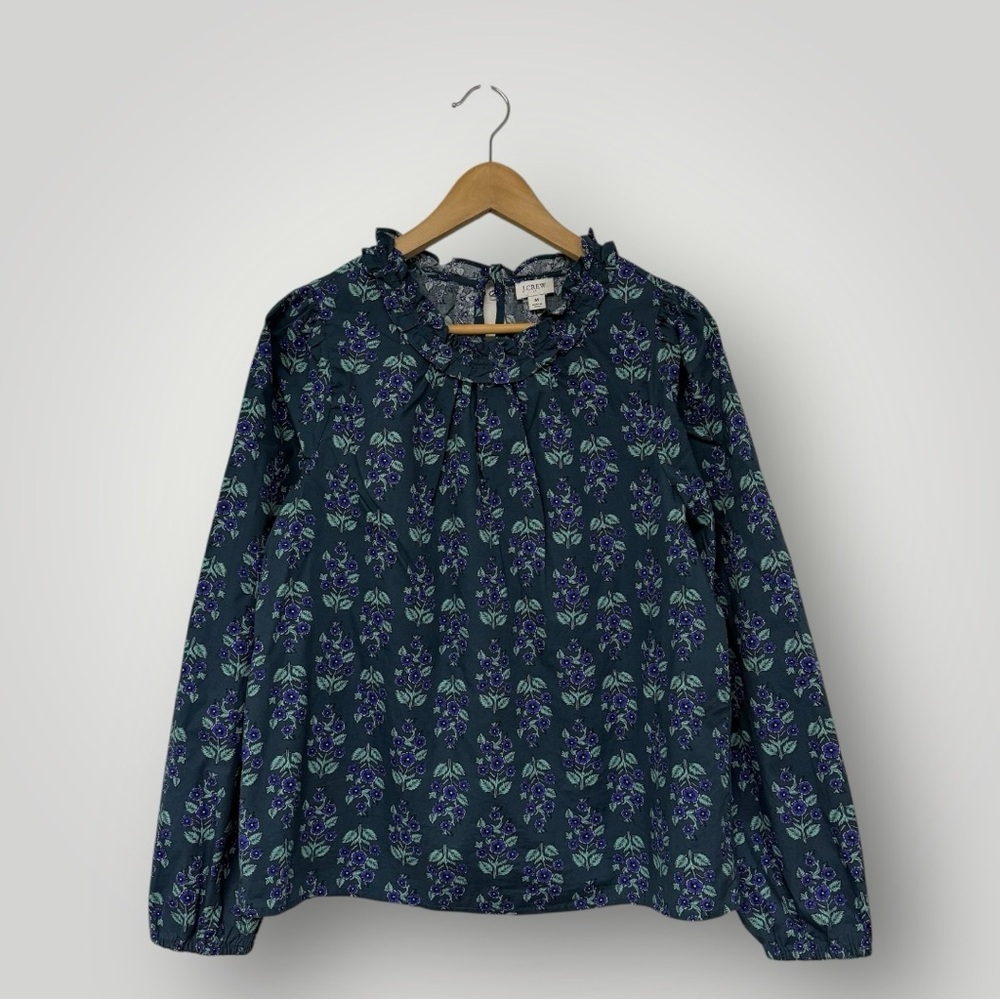 J. Crew Long-sleeve ruffleneck poplin blouse Sz M in Warm Spruce Antique‎